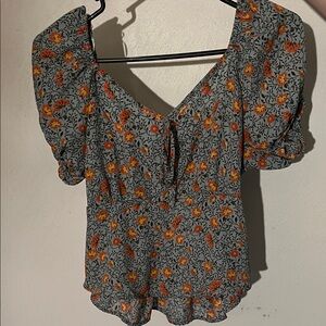 Floral Puff Sleeve Top - light blue and Orange